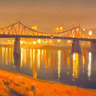 Старый мост ночью — картина маслом на холсте