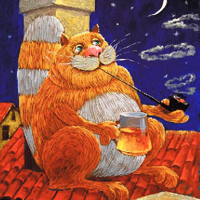 Кот на крыше — сказочная картина маслом на холсте